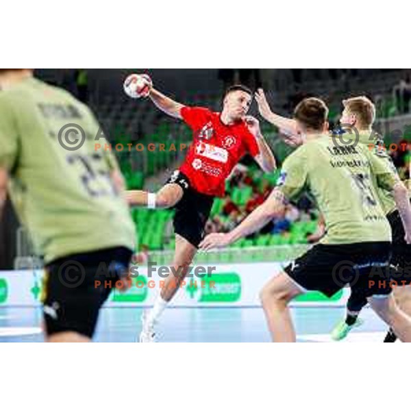 Leon Ljevar of RD LL Grosist Slovan in action during EHF European League Men 2025/26 group match between RK LL Grosist Slovan (SLO) and SAH Aarhus (DEN) in Arena Stozice, Ljubljana, Slovenia on December 2, 2025