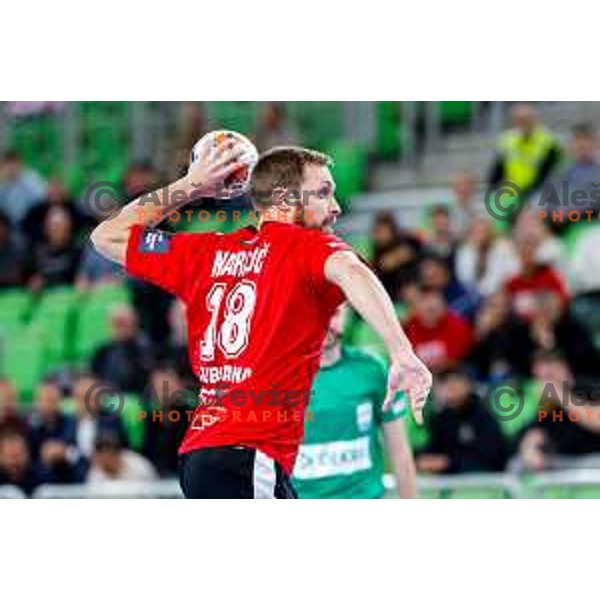 Gal Marguc of RD LL Grosist Slovan in action during EHF European League Men 2025/26 group match between RK LL Grosist Slovan (SLO) and SAH Aarhus (DEN) in Arena Stozice, Ljubljana, Slovenia on December 2, 2025