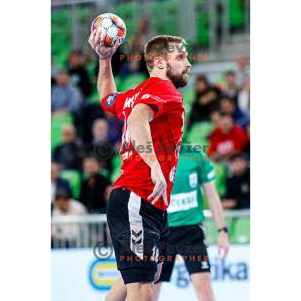 Gal Marguc of RD LL Grosist Slovan in action during EHF European League Men 2025/26 group match between RK LL Grosist Slovan (SLO) and SAH Aarhus (DEN) in Arena Stozice, Ljubljana, Slovenia on December 2, 2025