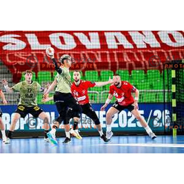 Fredrik Nils Olsson in action during EHF European League Men 2025/26 group match between RK LL Grosist Slovan (SLO) and SAH Aarhus (DEN) in Arena Stozice, Ljubljana, Slovenia on December 2, 2025