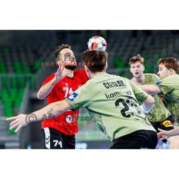 Bruno Vili Zobec of RD LL Grosist Slovan in actioin during EHF European League Men 2025/26 group match between RK LL Grosist Slovan (SLO) and SAH Aarhus (DEN) in Arena Stozice, Ljubljana, Slovenia on December 2, 2025