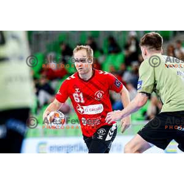 Stas Skube of RD LL Grosist Slovan in action during EHF European League Men 2025/26 group match between RK LL Grosist Slovan (SLO) and SAH Aarhus (DEN) in Arena Stozice, Ljubljana, Slovenia on December 2, 2025