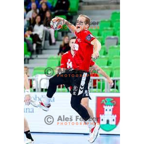 Stas Skube of RD LL Grosist Slovan in action during EHF European League Men 2025/26 group match between RK LL Grosist Slovan (SLO) and SAH Aarhus (DEN) in Arena Stozice, Ljubljana, Slovenia on December 2, 2025