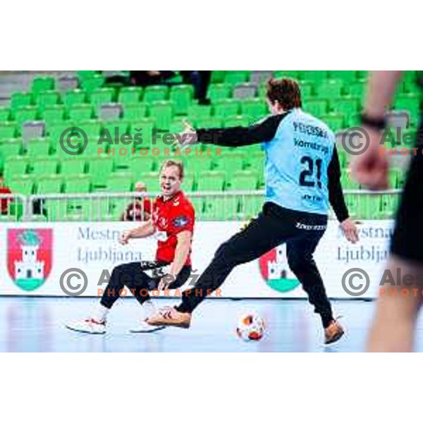 Stas Skube of RD LL Grosist Slovan in action during EHF European League Men 2025/26 group match between RK LL Grosist Slovan (SLO) and SAH Aarhus (DEN) in Arena Stozice, Ljubljana, Slovenia on December 2, 2025