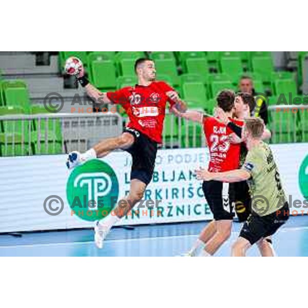 Tarik Mlivic of RD LL Grosist Slovan in action during EHF European League Men 2025/26 group match between RK LL Grosist Slovan (SLO) and SAH Aarhus (DEN) in Arena Stozice, Ljubljana, Slovenia on December 2, 2025