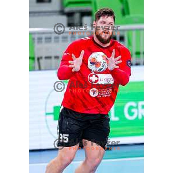 Matic Suholeznik of RD LL Grosist Slovan in actioin during EHF European League Men 2025/26 group match between RK LL Grosist Slovan (SLO) and SAH Aarhus (DEN) in Arena Stozice, Ljubljana, Slovenia on December 2, 2025