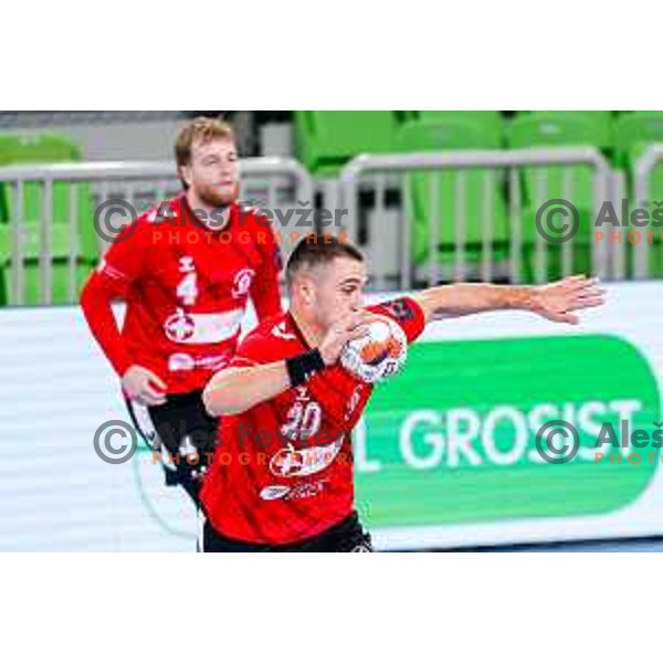 Tarik Mlivic of RD LL Grosist Slovan in action during EHF European League Men 2025/26 group match between RK LL Grosist Slovan (SLO) and SAH Aarhus (DEN) in Arena Stozice, Ljubljana, Slovenia on December 2, 2025