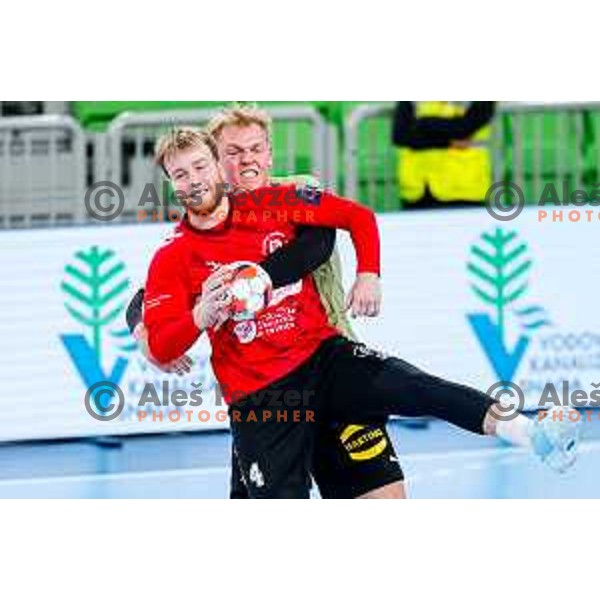 Lovro Viscek of RD LL Grosist Slovan in action during EHF European League Men 2025/26 group match between RK LL Grosist Slovan (SLO) and SAH Aarhus (DEN) in Arena Stozice, Ljubljana, Slovenia on December 2, 2025