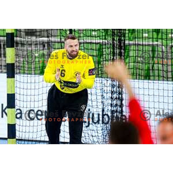 Aljaz Panjtar of RD LL Grosist Slovan in action during EHF European League Men 2025/26 group match between RK LL Grosist Slovan (SLO) and SAH Aarhus (DEN) in Arena Stozice, Ljubljana, Slovenia on December 2, 2025
