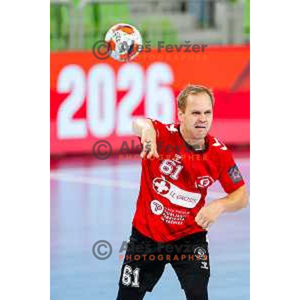 Stas Skube of RD LL Grosist Slovan in action during EHF European League Men 2025/26 group match between RK LL Grosist Slovan (SLO) and SAH Aarhus (DEN) in Arena Stozice, Ljubljana, Slovenia on December 2, 2025