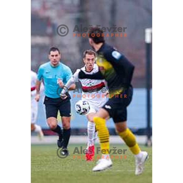 Matic Zavnik in action during Pivovarna Union Slovenian Cup quarter-final football match between Kalcer Radomlje and Primorje in Radomlje Sports Park, Slovenia on December 3, 2025