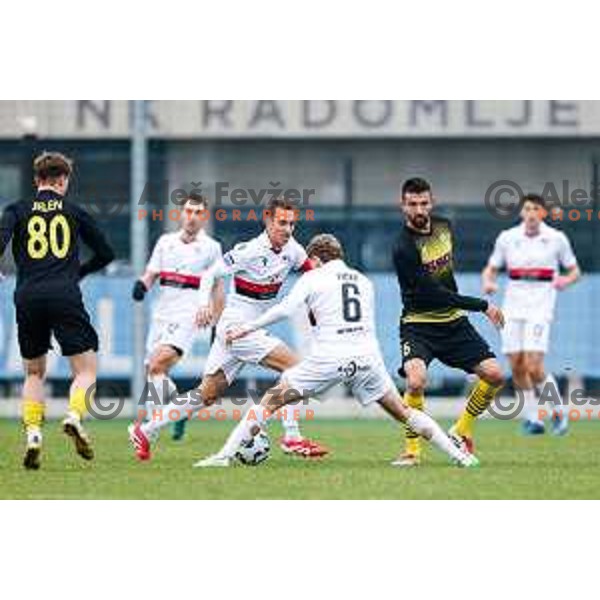 Matic Zavnik in action during Pivovarna Union Slovenian Cup quarter-final football match between Kalcer Radomlje and Primorje in Radomlje Sports Park, Slovenia on December 3, 2025