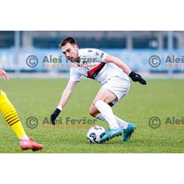 Niko Rak in action during Pivovarna Union Slovenian Cup quarter-final football match between Kalcer Radomlje and Primorje in Radomlje Sports Park, Slovenia on December 3, 2025