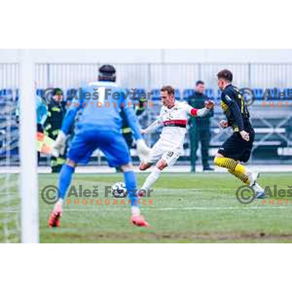Matic Zavnik in action during Pivovarna Union Slovenian Cup quarter-final football match between Kalcer Radomlje and Primorje in Radomlje Sports Park, Slovenia on December 3, 2025