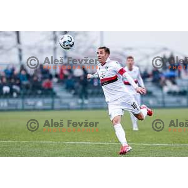 Matic Zavnik in action during Pivovarna Union Slovenian Cup quarter-final football match between Kalcer Radomlje and Primorje in Radomlje Sports Park, Slovenia on December 3, 2025