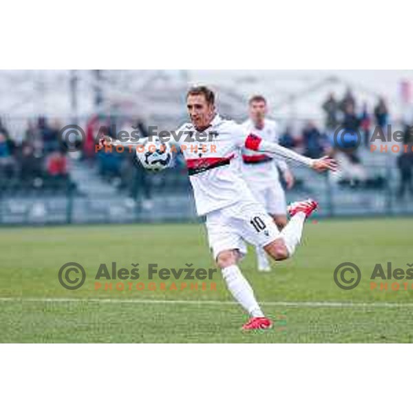 Matic Zavnik in action during Pivovarna Union Slovenian Cup quarter-final football match between Kalcer Radomlje and Primorje in Radomlje Sports Park, Slovenia on December 3, 2025