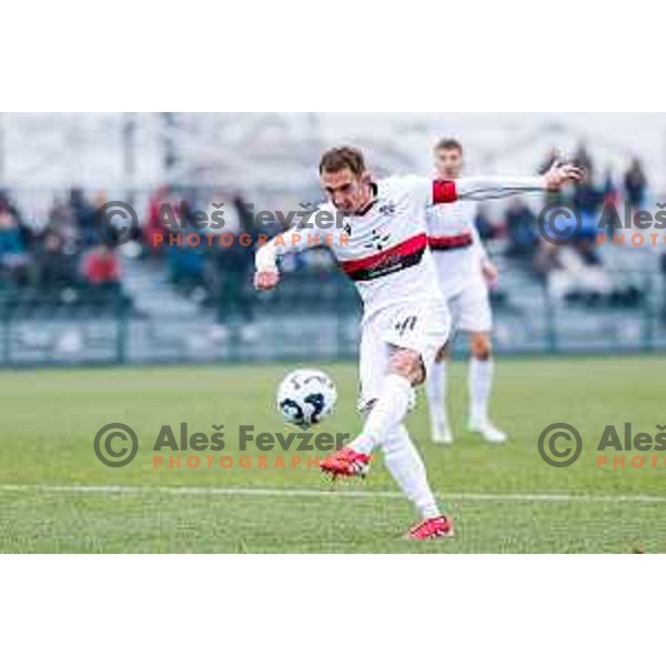 Matic Zavnik in action during Pivovarna Union Slovenian Cup quarter-final football match between Kalcer Radomlje and Primorje in Radomlje Sports Park, Slovenia on December 3, 2025