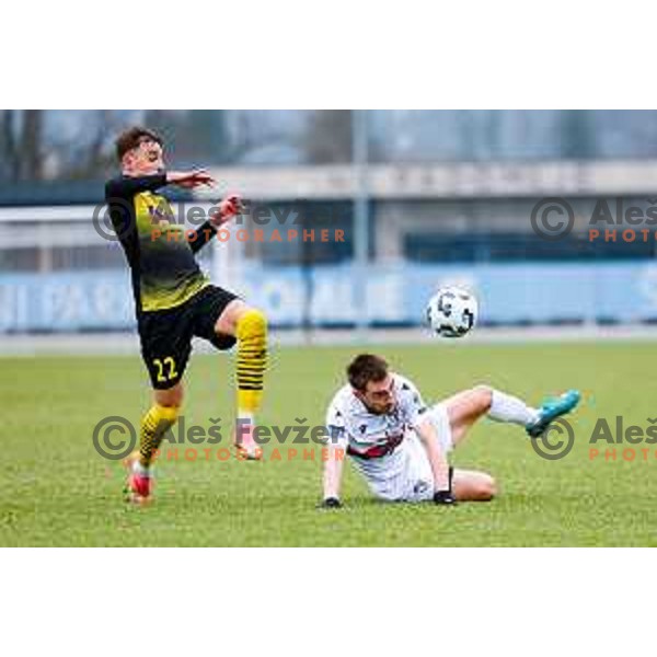 in action during Pivovarna Union Slovenian Cup quarter-final football match between Kalcer Radomlje and Primorje in Radomlje Sports Park, Slovenia on December 3, 2025