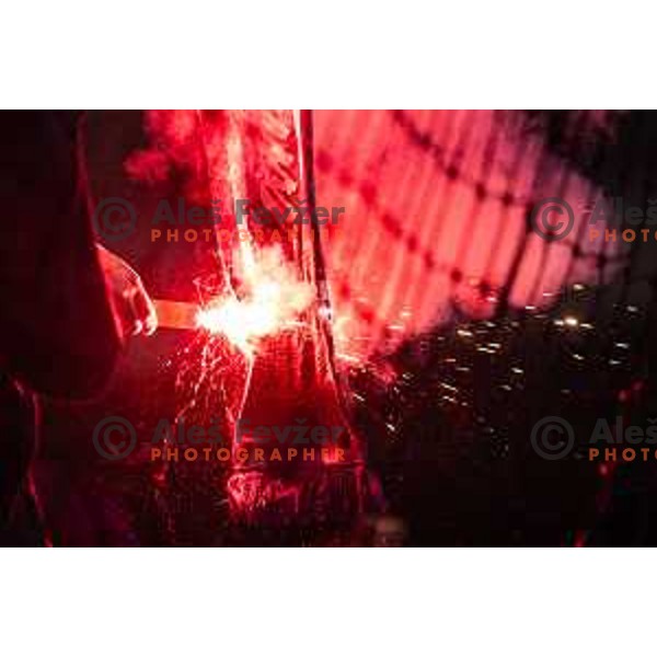 Black Gringos burning NK Nafta scarf during Pivovarna Union Slovenian Cup 2025/26 football match between NK Mura and NK Nafta 1903 in Fazanerija, Murska Sobota, Slovenia on December 3, 2025. Photo: Jure Banfi