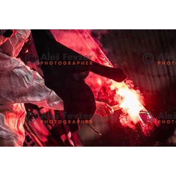 Black Gringos burning NK Nafta scarf during Pivovarna Union Slovenian Cup 2025/26 football match between NK Mura and NK Nafta 1903 in Fazanerija, Murska Sobota, Slovenia on December 3, 2025. Photo: Jure Banfi