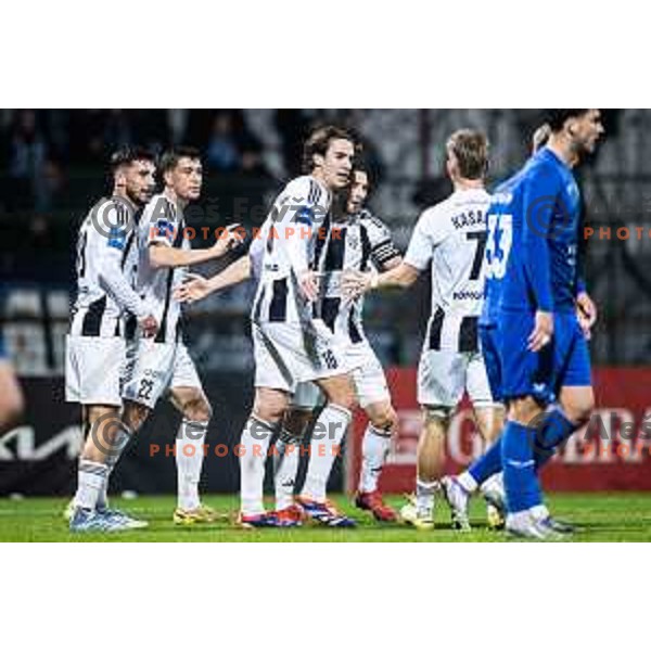 Alen Korosec, Nejc Ajhmajer, Luka Turudija and Nino Kouter celebrate goal during Pivovarna Union Slovenian Cup 2025/26 football match between NK Mura and NK Nafta 1903 in Fazanerija, Murska Sobota, Slovenia on December 3, 2025. Photo: Jure Banfi