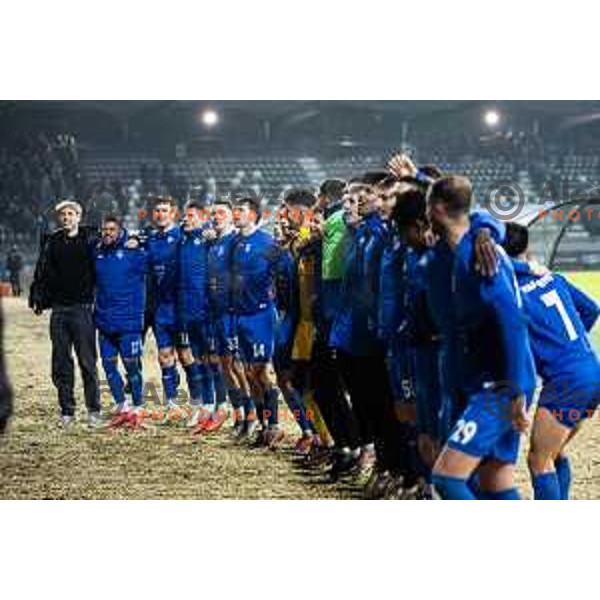 Amadej Marosa, Aleks Pihler, Luka Pihler celebrate victory after Pivovarna Union Slovenian Cup 2025/26 football match between NK Mura and NK Nafta 1903 in Fazanerija, Murska Sobota, Slovenia on December 3, 2025. Photo: Jure Banfi