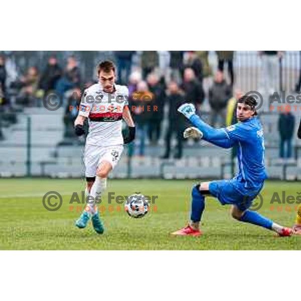 Niko Rak scores a goal during Pivovarna Union Slovenian Cup quarter-final football match between Kalcer Radomlje and Primorje in Radomlje Sports Park, Slovenia on December 3, 2025