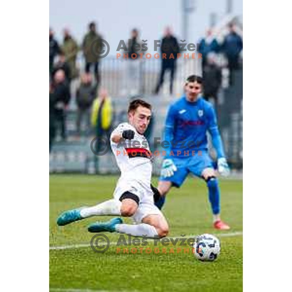 Niko Rak scores a goal during Pivovarna Union Slovenian Cup quarter-final football match between Kalcer Radomlje and Primorje in Radomlje Sports Park, Slovenia on December 3, 2025