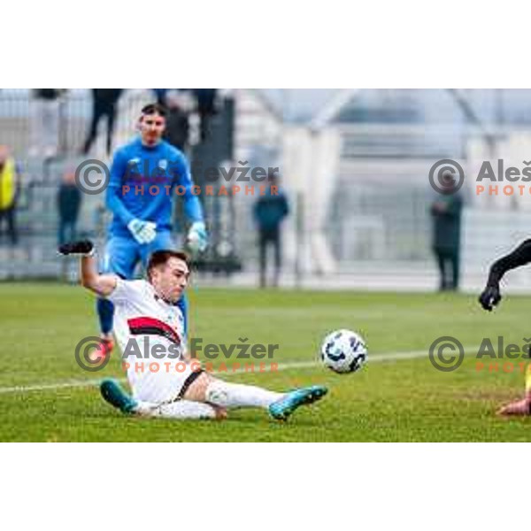 Niko Rak scores a goal during Pivovarna Union Slovenian Cup quarter-final football match between Kalcer Radomlje and Primorje in Radomlje Sports Park, Slovenia on December 3, 2025