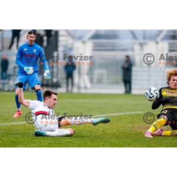 Niko Rak scores a goal during Pivovarna Union Slovenian Cup quarter-final football match between Kalcer Radomlje and Primorje in Radomlje Sports Park, Slovenia on December 3, 2025