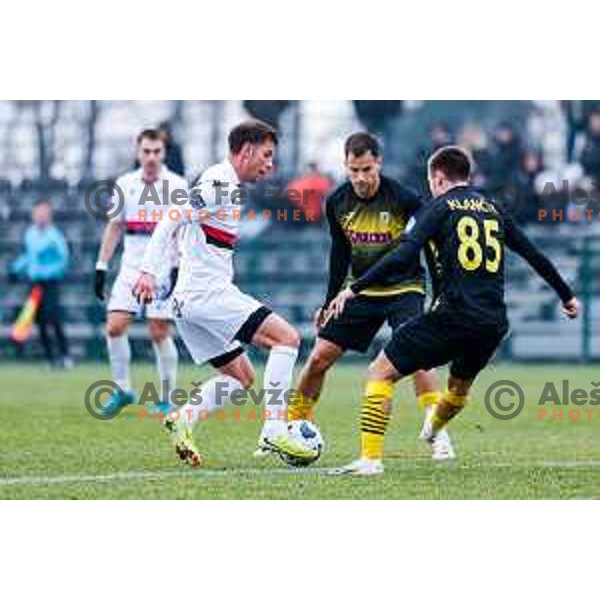 in action during Pivovarna Union Slovenian Cup quarter-final football match between Kalcer Radomlje and Primorje in Radomlje Sports Park, Slovenia on December 3, 2025