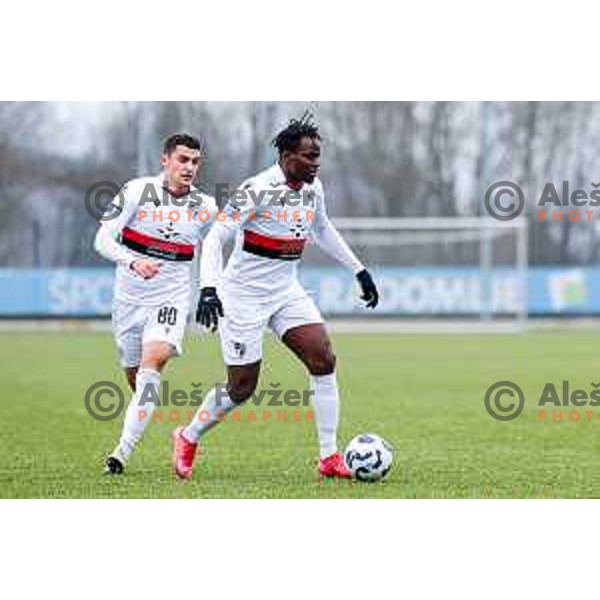 Ishaq Rafiu in action during Pivovarna Union Slovenian Cup quarter-final football match between Kalcer Radomlje and Primorje in Radomlje Sports Park, Slovenia on December 3, 2025