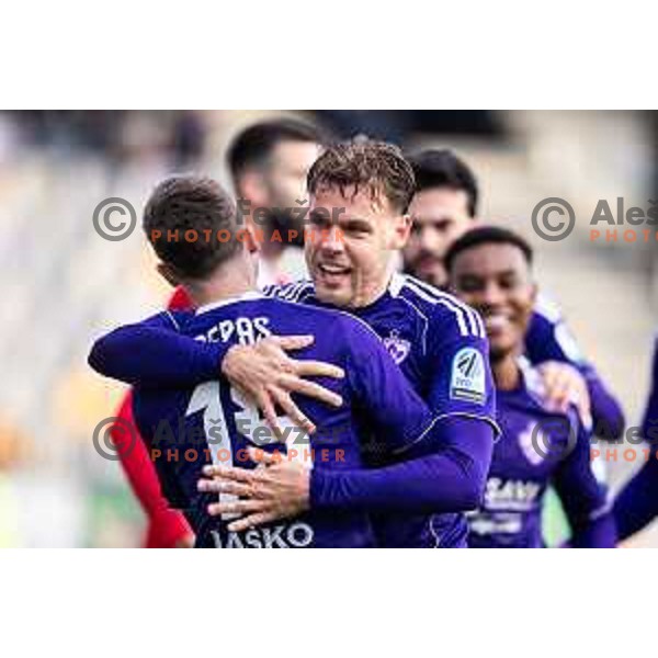 Pijus Sirvys celebrates goal during Prva liga Telemach 2025/26 football match between NK Maribor and NK Aluminij in Ljudski vrt, Maribor, Slovenia on December 6, 2025. Photo: Jure Banfi
