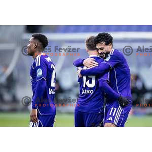 Jan Repas and Ali Reghba celebrate goal during Prva liga Telemach 2025/26 football match between NK Maribor and NK Aluminij in Ljudski vrt, Maribor, Slovenia on December 6, 2025. Photo: Jure Banfi