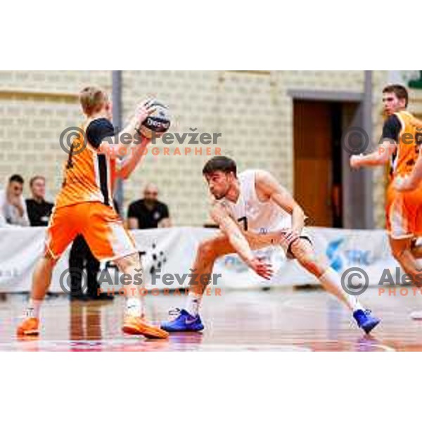 Nejc Klavzar in action during OTP Bank League basketball match between Triglav and Kansai Helios in Planina Hall, Kranj, Slovenia on December 6, 2025