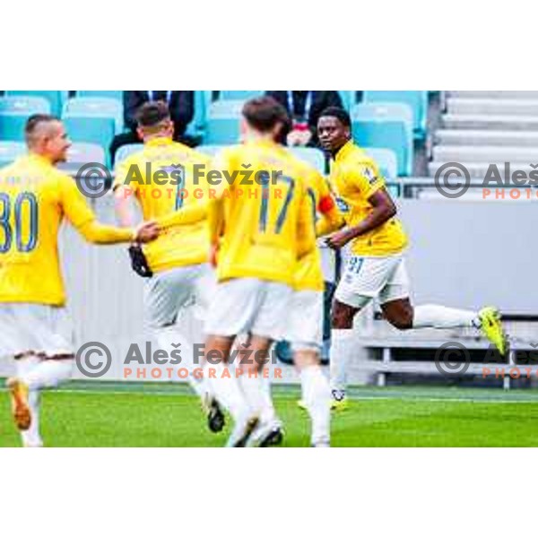 Monzango of Bravo scores and celebrates a goal during Prva liga Telemach 2025/2026 football match between Bravo Big Bang and Olimpija in Ljubljana, Slovenia on December 7, 2025 