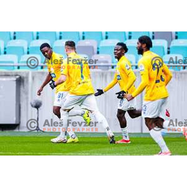 Monzango of Bravo scores and celebrates a goal during Prva liga Telemach 2025/2026 football match between Bravo Big Bang and Olimpija in Ljubljana, Slovenia on December 7, 2025 