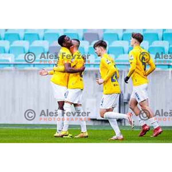 Monzango of Bravo scores and celebrates a goal during Prva liga Telemach 2025/2026 football match between Bravo Big Bang and Olimpija in Ljubljana, Slovenia on December 7, 2025 