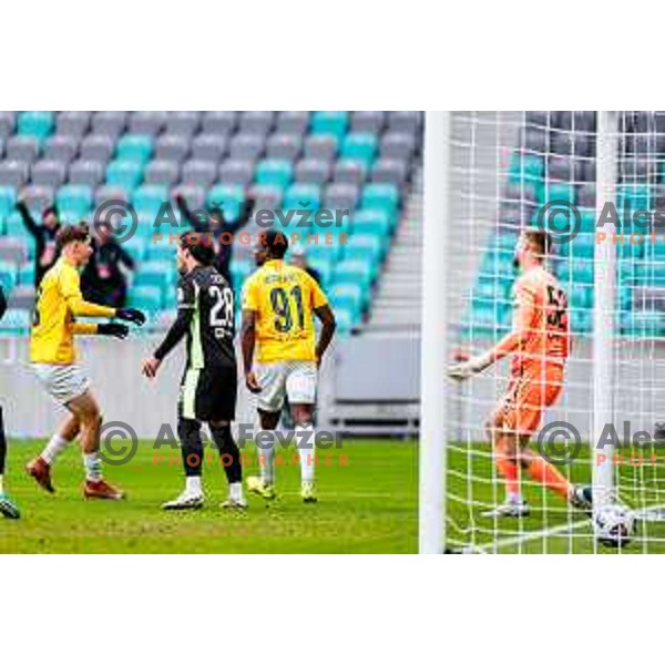 Monzango of Bravo scores and celebrates a goal during Prva liga Telemach 2025/2026 football match between Bravo Big Bang and Olimpija in Ljubljana, Slovenia on December 7, 2025 