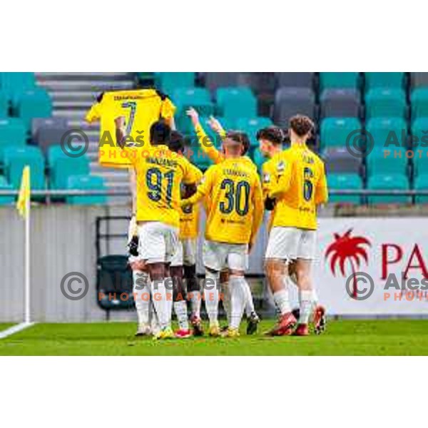 Aldin Jakupovic and players of Bravo celebrate a goal during Prva liga Telemach 2025/2026 football match between Bravo Big Bang and Olimpija in Ljubljana, Slovenia on December 7, 2025