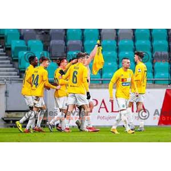 Aldin Jakupovic and players of Bravo celebrate a goal during Prva liga Telemach 2025/2026 football match between Bravo Big Bang and Olimpija in Ljubljana, Slovenia on December 7, 2025