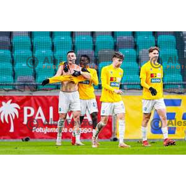 Aldin Jakupovic and players of Bravo celebrate a goal during Prva liga Telemach 2025/2026 football match between Bravo Big Bang and Olimpija in Ljubljana, Slovenia on December 7, 2025