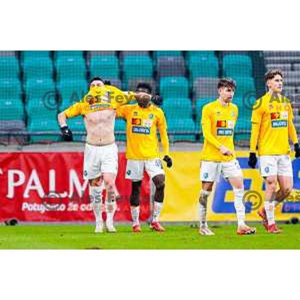 Aldin Jakupovic and players of Bravo celebrate a goal during Prva liga Telemach 2025/2026 football match between Bravo Big Bang and Olimpija in Ljubljana, Slovenia on December 7, 2025