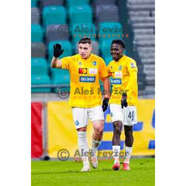 Aldin Jakupovic and players of Bravo celebrate a goal during Prva liga Telemach 2025/2026 football match between Bravo Big Bang and Olimpija in Ljubljana, Slovenia on December 7, 2025