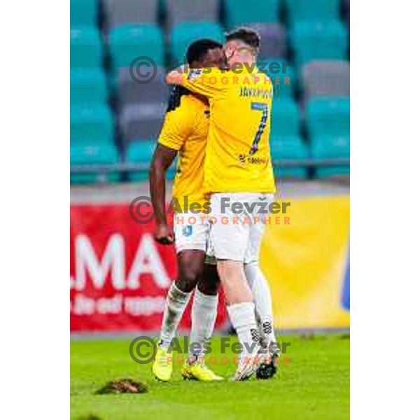 Aldin Jakupovic and players of Bravo celebrate a goal during Prva liga Telemach 2025/2026 football match between Bravo Big Bang and Olimpija in Ljubljana, Slovenia on December 7, 2025