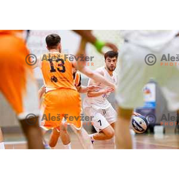 Nejc Klavzar in action during OTP Bank League basketball match between Triglav and Kansai Helios in Planina Hall, Kranj, Slovenia on December 6, 2025