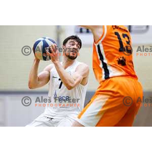 Nejc Klavzar in action during OTP Bank League basketball match between Triglav and Kansai Helios in Planina Hall, Kranj, Slovenia on December 6, 2025