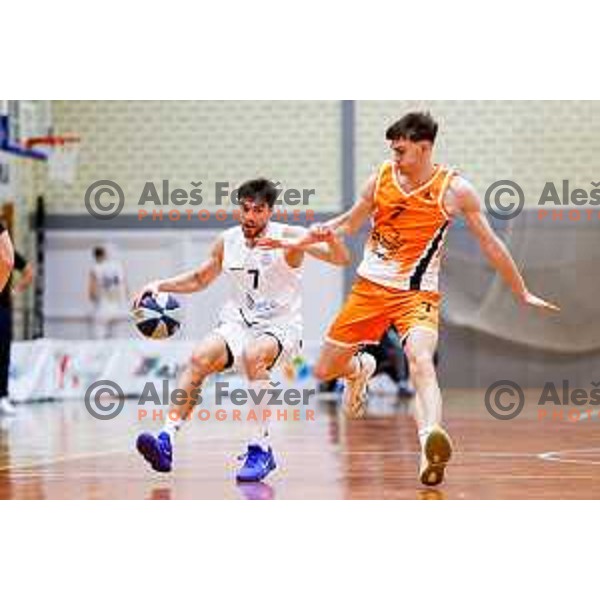 Nejc Klavzar in action during OTP Bank League basketball match between Triglav and Kansai Helios in Planina Hall, Kranj, Slovenia on December 6, 2025