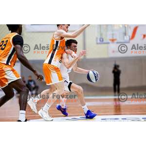 Nejc Klavzar in action during OTP Bank League basketball match between Triglav and Kansai Helios in Planina Hall, Kranj, Slovenia on December 6, 2025
