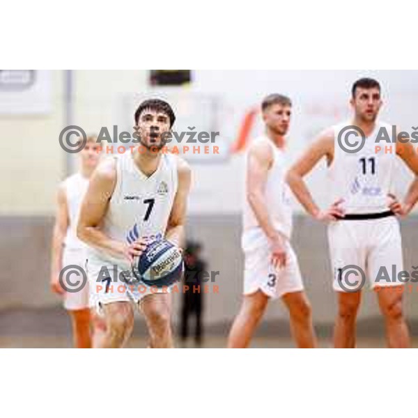 Nejc Klavzar in action during OTP Bank League basketball match between Triglav and Kansai Helios in Planina Hall, Kranj, Slovenia on December 6, 2025
